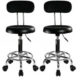 Set 2 bucati - Scaun hidraulic cu spatar si roti 66cm, Negru, Taburet rotativ, Pentru salon, Cosmetica, Manichiura, Pedichiura, Frizerie, Coafor, Piele ecologica, Cu suport pentru picioare