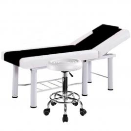 Set salon - Scaun hidraulic, Taburet rotativ, Alb + Masa cosmetica, Pat masaj profesional, 186x70x70cm, Piele Ecologica, Alb-Negru