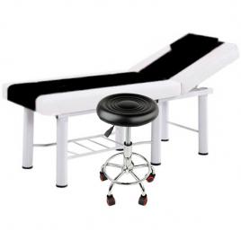 Set salon - Scaun hidraulic, Taburet rotativ, Negru + Masa cosmetica, Pat masaj profesional, 186x70x70cm, Piele Ecologica, Alb-Negru