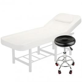 Set salon - Scaun hidraulic, Taburet rotativ, Negru + Masa cosmetica, Pat masaj profesional, 186x70x70cm, Piele Ecologica, Alb