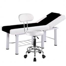 Set salon - Scaun hidraulic cu spatar, Taburet rotativ, Alb + Masa cosmetica, Pat masaj profesional, 186x70x70cm, Piele Ecologica, Alb-Negru