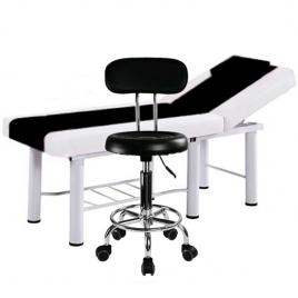 Set salon - Scaun hidraulic cu spatar, Taburet rotativ, Negru + Masa cosmetica, Pat masaj profesional, 186x70x70cm, Piele Ecologica, Alb-Negru