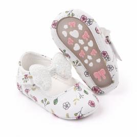 Pantofiori albi cu floricele si fundita (marime disponibila: 6-9 luni (marimea