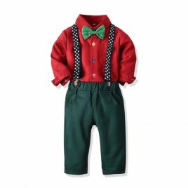 Costum elegant pentru baietei cu camasuta visinie si papion verde (marime