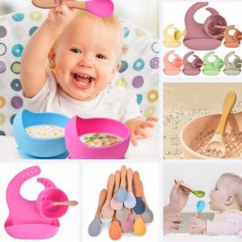 Set din silicon cu bol bavetica si lingurita pentru bebe - diverse culori