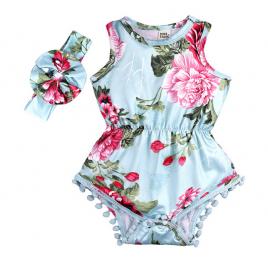 Body bleu imprimat cu flori roz si cu bentita asortata (marime disponibila:
