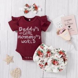 Costumas cu body visiniu si pantaloni scurti - flower (marime disponibila: 6-9