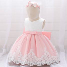 Rochita alba cu roz de ocazie cu dantela (marime disponibila: 6-9 luni (marimea