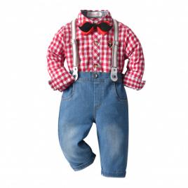 Costum cu blugi si camasuta rosie in carouri (marime disponibila: 12-18 luni