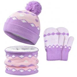 Set lila cu roz imblanit - caciulita cu fular si manusi (marime disponibila: