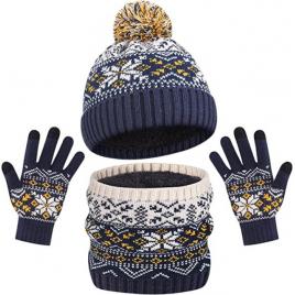 Set bleumarine cu crem imblanit - caciulita cu fular si manusi (marime