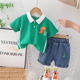Costumas pentru baietei cu tricou verde tip polo - dino (marime disponibila: