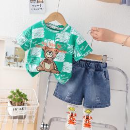 Costumas cu tricou verde si blugi pentru baietei - bear (marime disponibila: