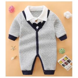Salopeta eleganta gri cu papion bleumarine (marime disponibila: 12-18 luni