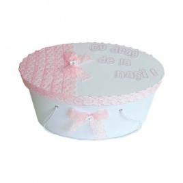 Cutie trusou botez personalizata, decor dantela roz, denikos® 216