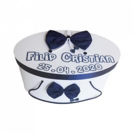 Cutie trusou botez personalizata, decor funda bleumarin, denikos® 217