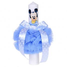 Lumanare botez baby boy, tul bleu si fundita cu buline, denikos® 73