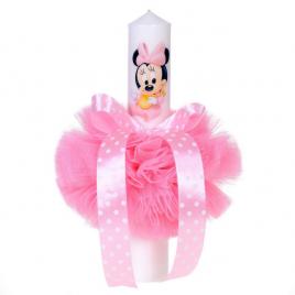 Lumanare botez baby girl, glob tul roz si fundita cu buline, denikos® 84