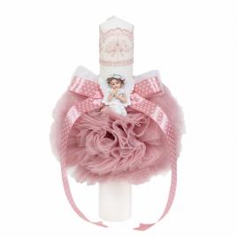 Lumanare botez glob cu ingeras, decor roz pudra, denikos® 518