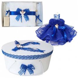 Set dantela trusou botez, cutie trusou si lumanare, ingeras, decor albastru,