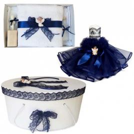 Set dantela trusou botez, cutie trusou si lumanare, ingeras, decor bleumarin,