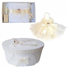 Set dantela trusou botez, cutie trusou si lumanare, ingeras, decor ivoire,