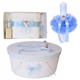 Set trusou botez, cutie trusou si lumanare, ingeras, dantela bleu, denikos® 472