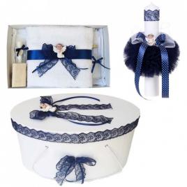 Set trusou botez, cutie trusou si lumanare, ingeras, dantela bleumarin,
