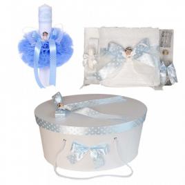 Set trusou botez, cutie trusou si lumanare, ingeras, fundita bleu, denikos® 12
