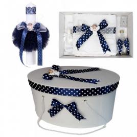 Set trusou botez, cutie trusou si lumanare, ingeras, fundita bleumarin,