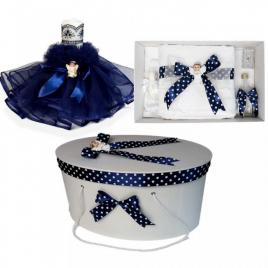 Set trusou botez, cutie trusou si lumanare, ingeras, fundita bleumarin,