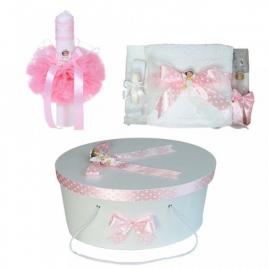 Set trusou botez, cutie trusou si lumanare, ingeras, fundita roz, denikos® 14