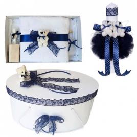 Set trusou botez, cutie trusou si lumanare, ursulet, dantela bleumarin,