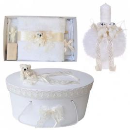 Set trusou botez, cutie trusou si lumanare, ursulet, dantela ivoire, denikos®