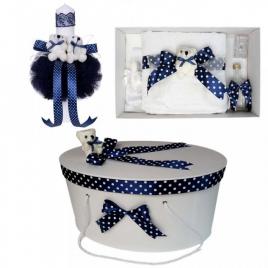 Set trusou botez, cutie trusou si lumanare, ursulet, fundita bleumarin,