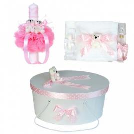 Set trusou botez, cutie trusou si lumanare, ursulet, fundita roz, denikos® 15