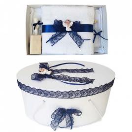 Set trusou botez si cutie trusou, ingeras, dantela bleumarin, denikos® 447