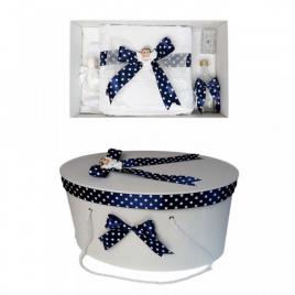 Set trusou botez si cutie trusou, ingeras, fundita bleumarin cu buline,