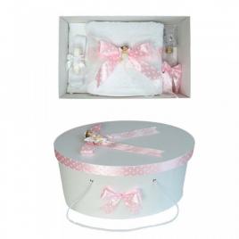 Set trusou botez si cutie trusou, ingeras, fundita roz cu buline, denikos® 21