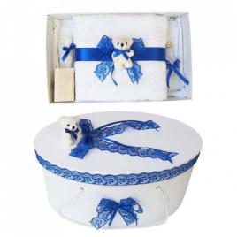 Set trusou botez si cutie trusou, ursulet, dantela albastra, denikos® 456