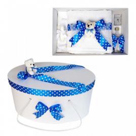 Set trusou botez si cutie trusou, ursulet, fundita albastra cu buline, denikos®