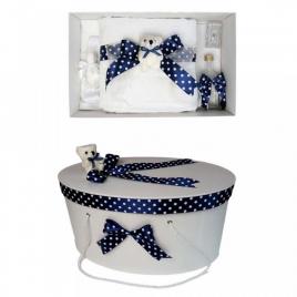 Set trusou botez si cutie trusou, ursulet, fundita bleumarin cu buline,