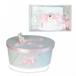 Set trusou botez si cutie trusou, ursulet, fundita roz cu buline, denikos® 22