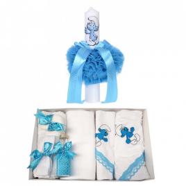 Trusou botez brodat si lumanare pentru baietel, decor turcoaz, denikos® 119