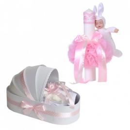 Trusou botez in landou fundita cu buline si lumanare cu iepuras, decor roz