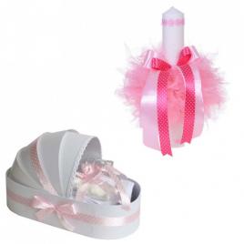 Trusou botez in landou si lumanare cu floricele, decor roz denikos® 105