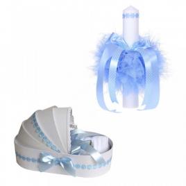 Trusou botez in landou si lumanare cu floricele bleu pentru baietel denikos® 43