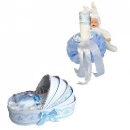 Trusou botez in landou si lumanare cu iepuras, decor bleu denikos® 171