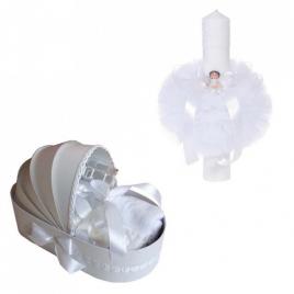 Trusou botez in landou si lumanare cu ingeras, decor alb denikos® 110