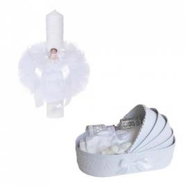 Trusou botez in landou si lumanare glob cu ingeras, decor alb denikos® 163